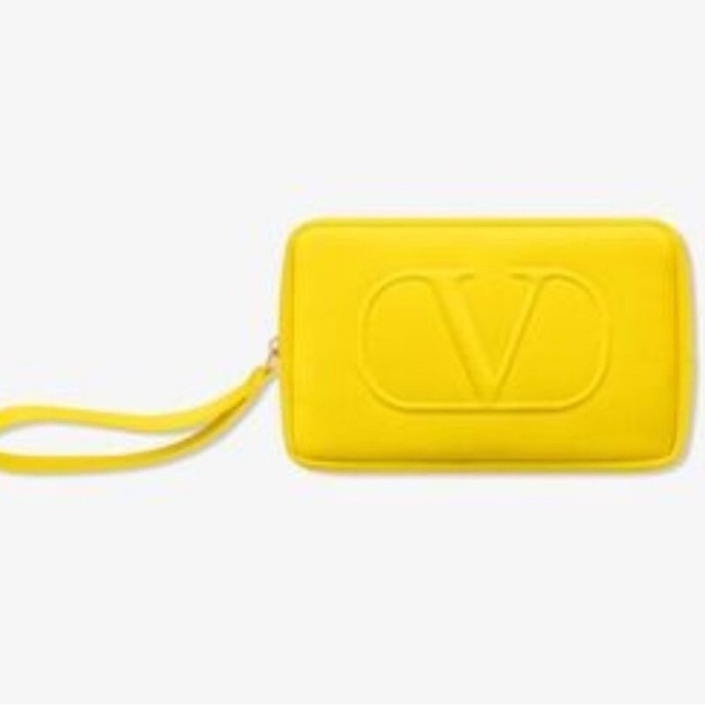 NEW Valentino Yellow Logo Cosmetic Bag Wristlet + gift